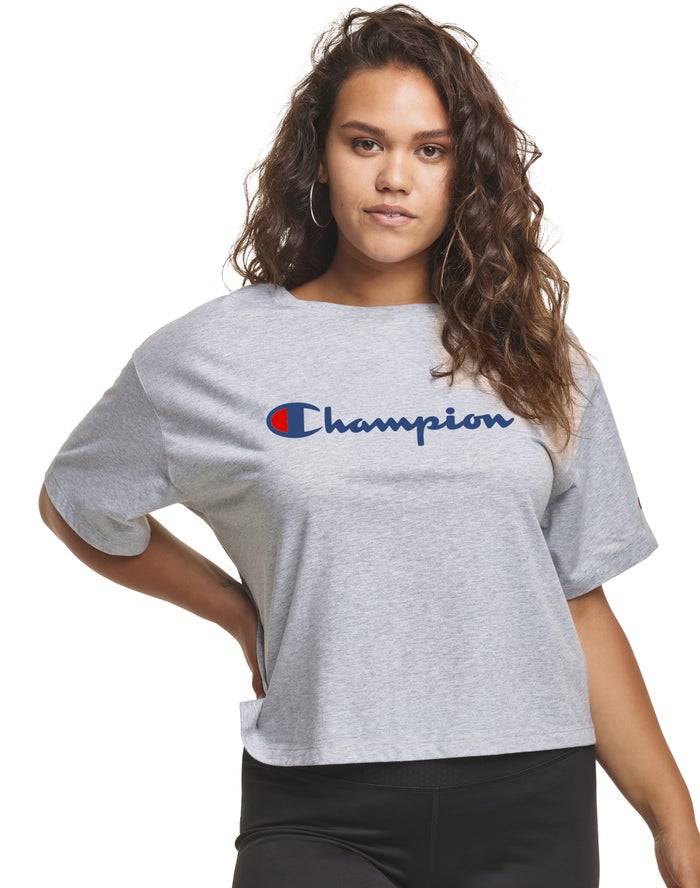 Champion Plus Cropped Script C Logo - Naisten Harmaat T-Paita - Suomi 4201379-TZ